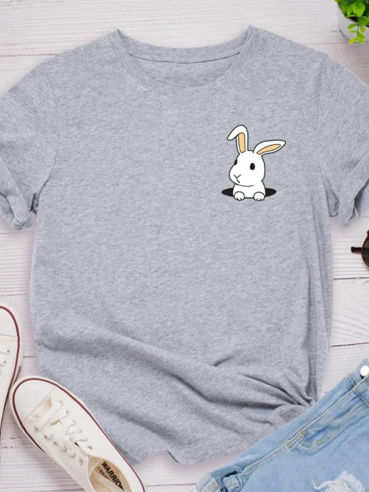 Poche lapin imprimer femmes t-shirt à manches courtes col rond lâche femmes t-shirt dames t-shirt ha