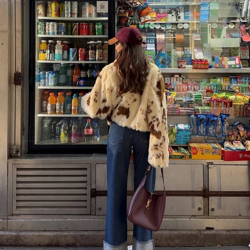 Neo Mint Chic Street Girls vache imprimé manteau de fourrure femmes 2025 hiver nouvelle marque de mo