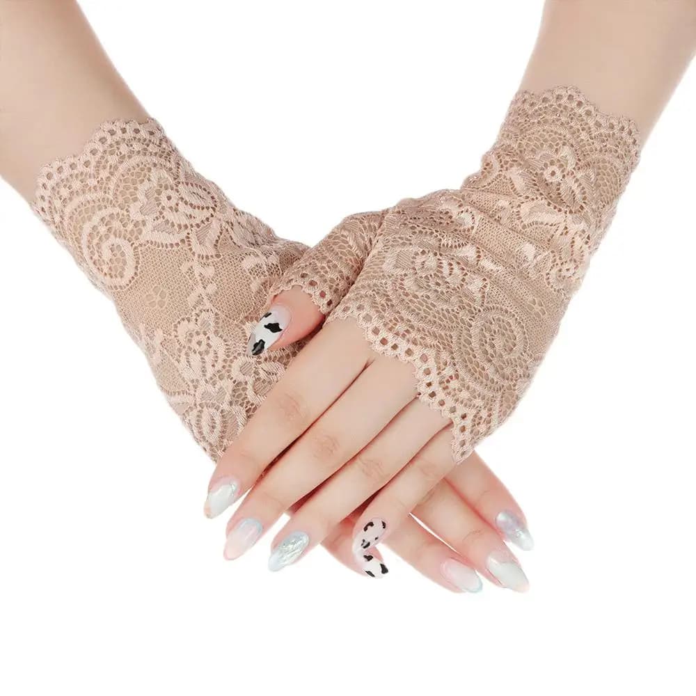 Gants courts en dentelle ajourée pour femmes, sans doigts, manches de Protection solaire, maille fin