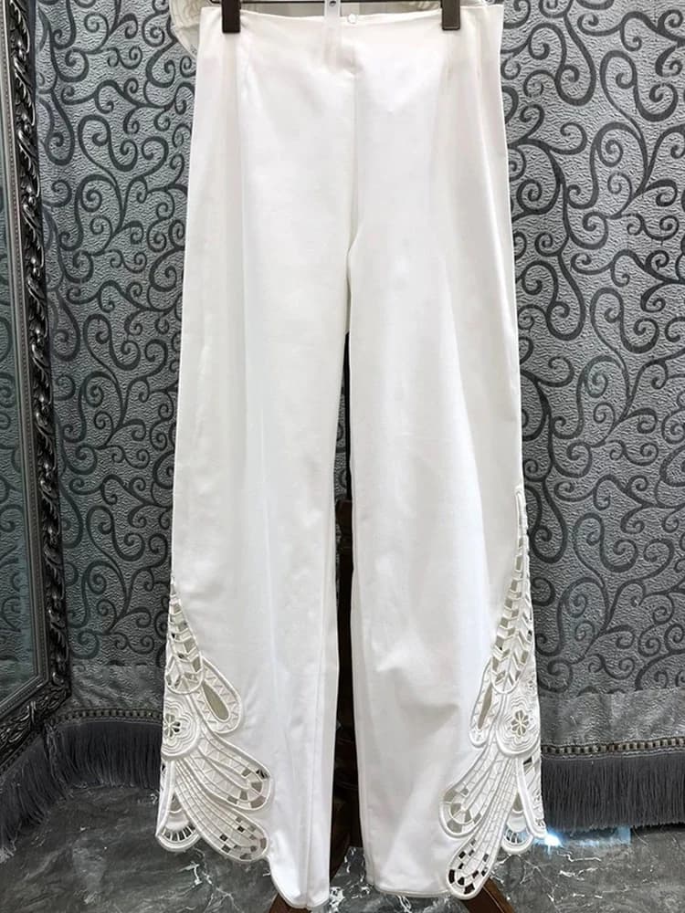 Printemps/été 2025 nouveau haut sans manches à col rond creux brodé + pantalon droit décontracté mod