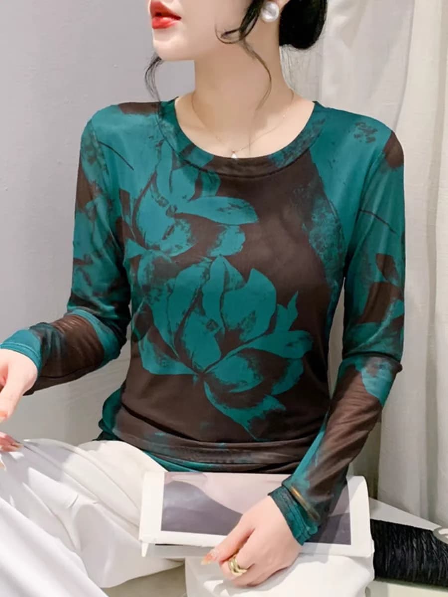 T-shirt en Maille à Col Rond pour Femme, Haut Doux, Imprimé Floral, Extensible, Slim, Printemps Été