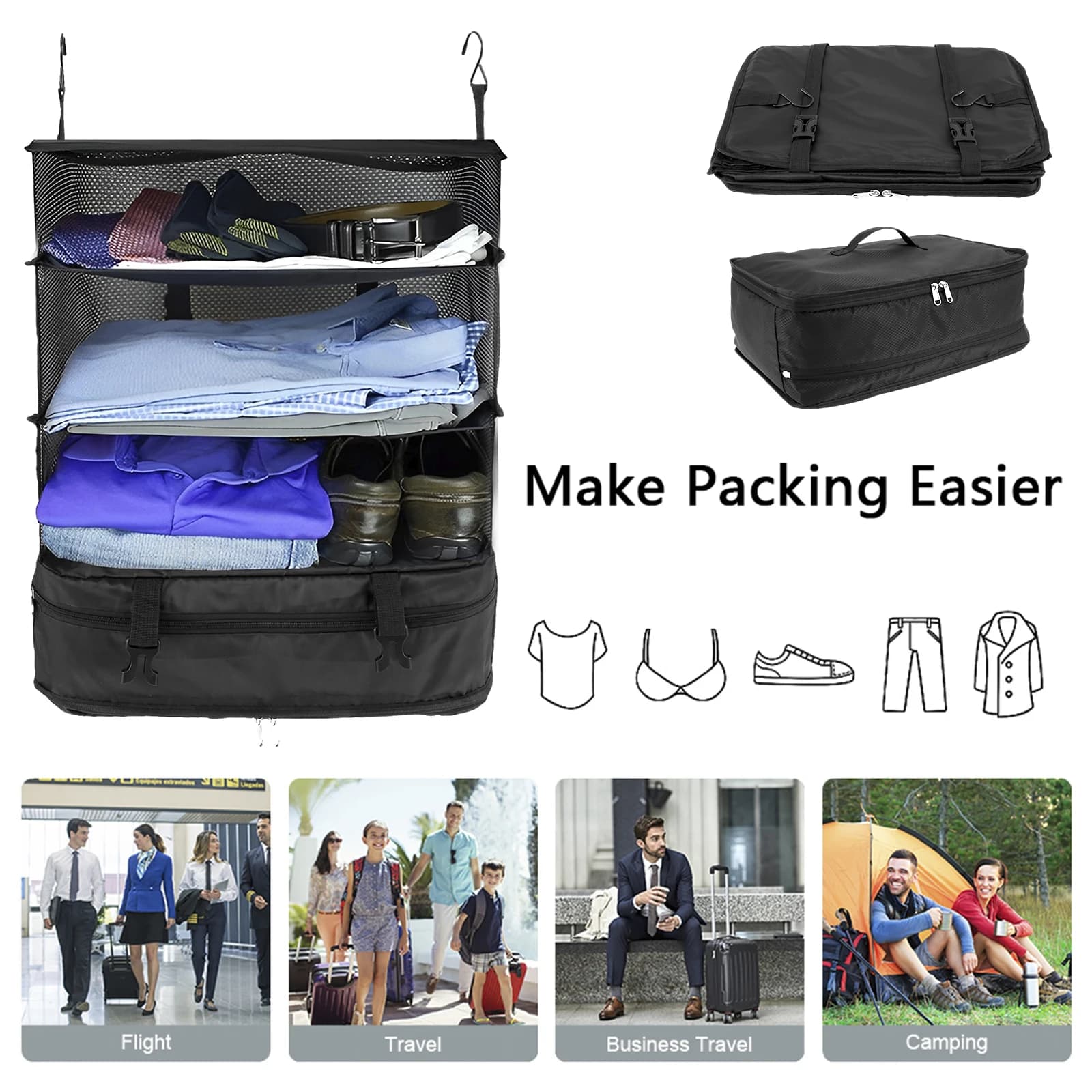 Organisateur de bagages de voyage, étagères de voyage portables, sac de valise à 3 étagères, Cube d'