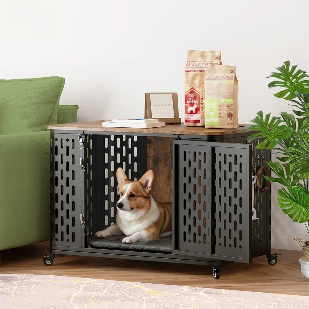 Caisse pour animaux de compagnie avec coussin, chenil en bois, roues flexibles, meubles polyvalents 