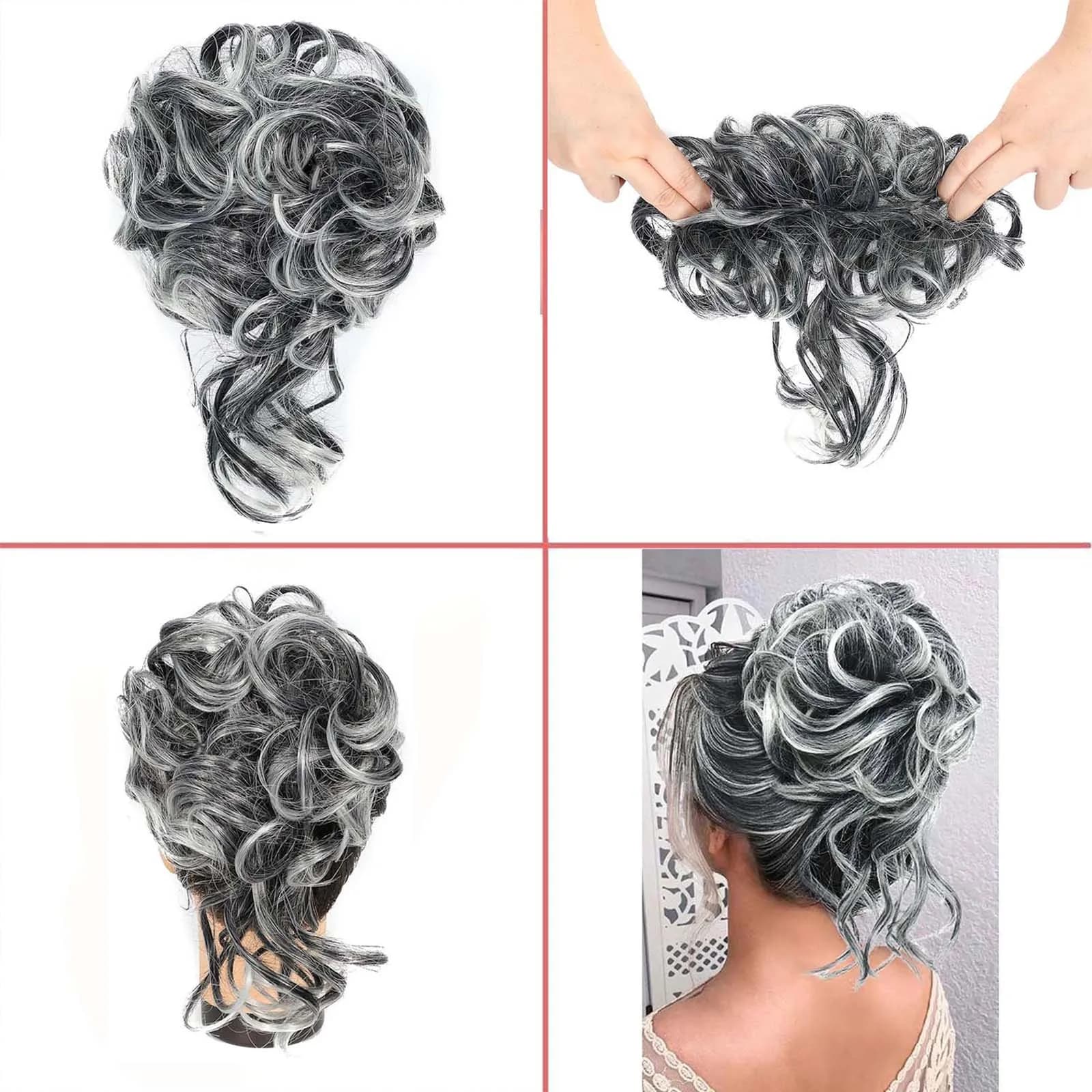 Chignon synthétique en désordre, Extension de chignons ébouriffés, bandeau élastique, pièces de chev