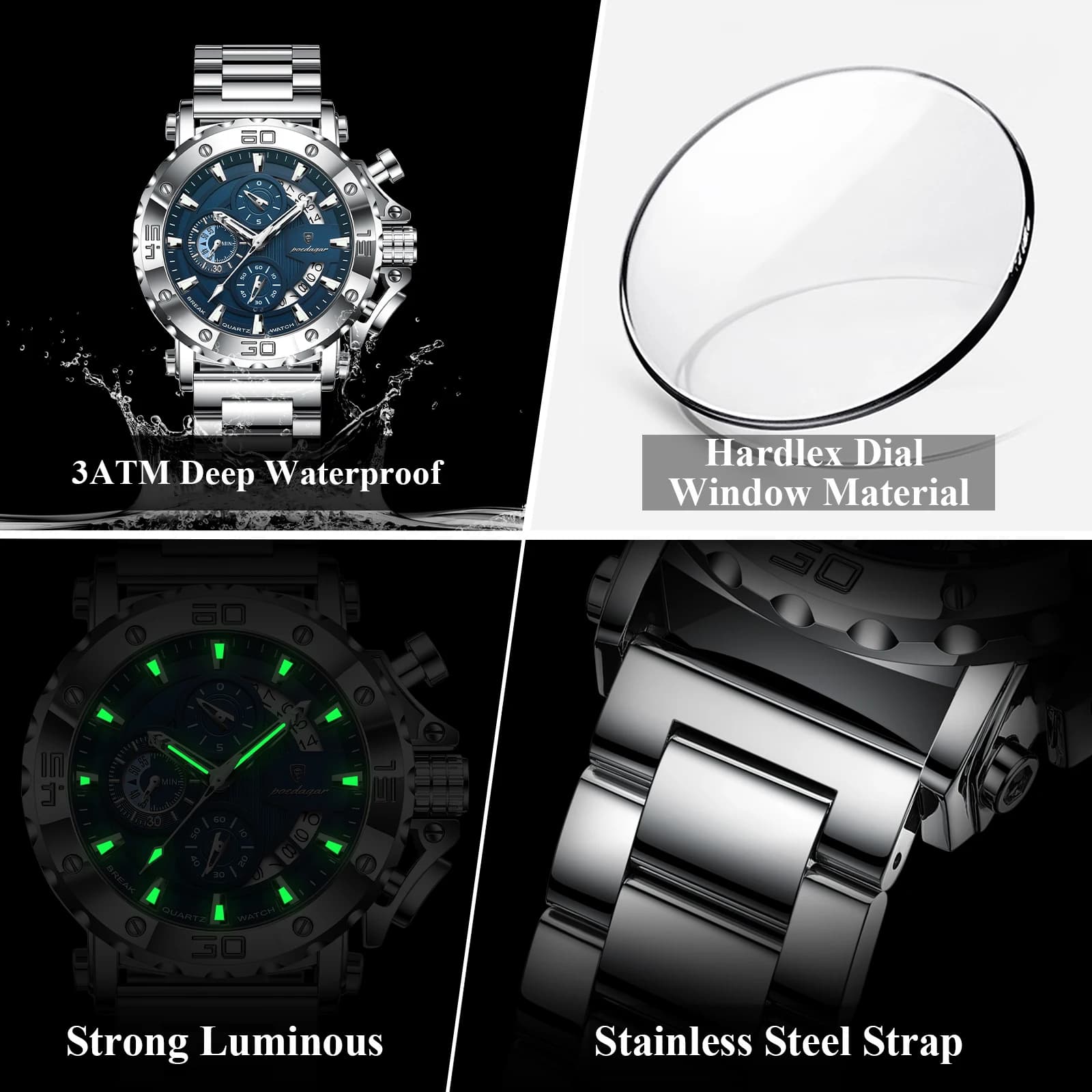 POEDAGAR montre pour hommes de luxe calendrier lumineux étanche homme horloge chronographe en acier 