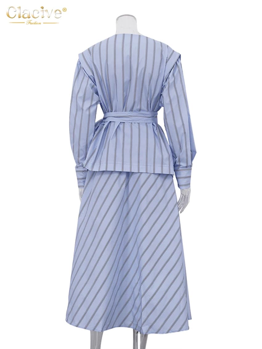 ClacMarkets-Ensemble 2 pièces imprimé à rayures pour femmes, chemise élégante à manches longues, jup