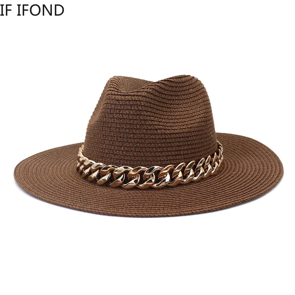 Chapeaux de paille pour femmes, chaîne en or, ceinture, Panama, pour la plage, respirants, élégants,