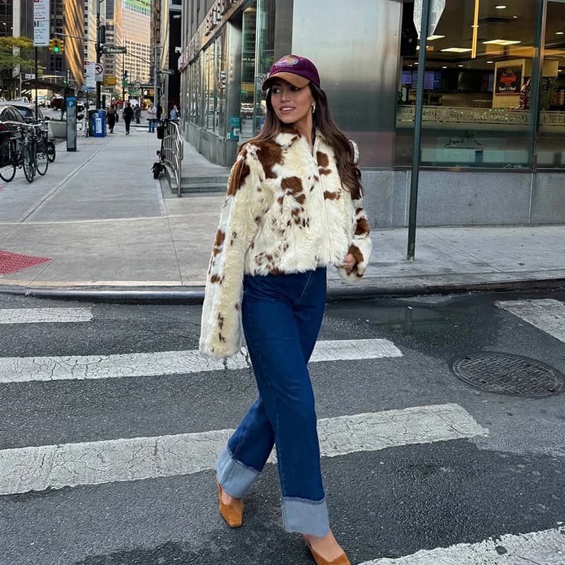 Neo Mint Chic Street Girls vache imprimé manteau de fourrure femmes 2025 hiver nouvelle marque de mo