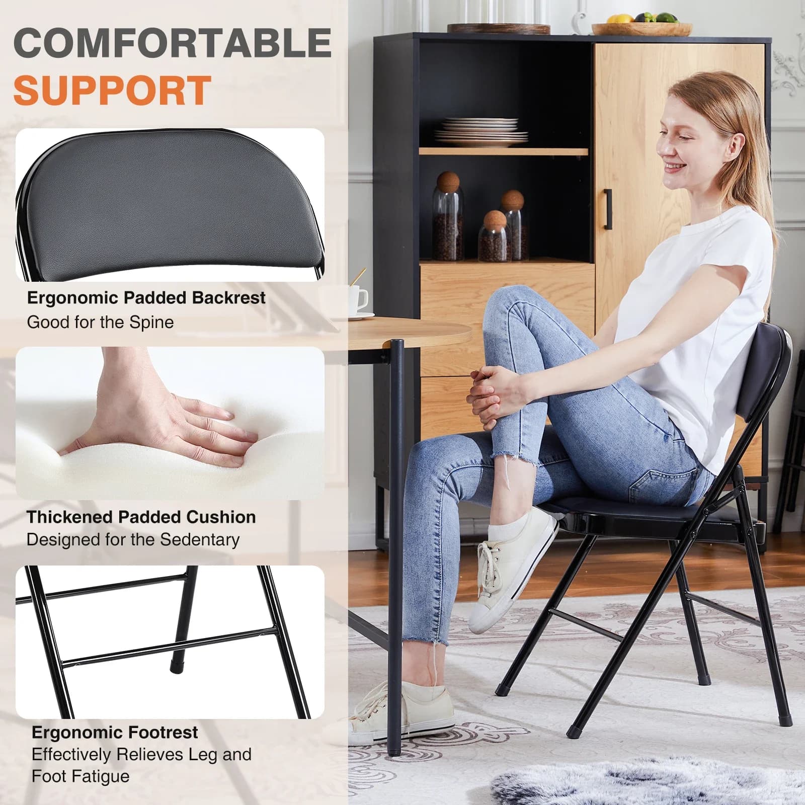 Lot de 4 chaises pliantes rembourrées en cuir, en métal robuste, faciles à utiliser et à ranger, pou