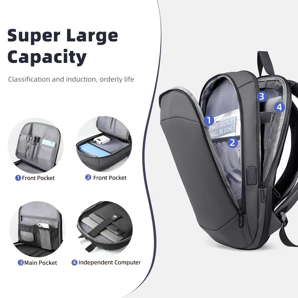 Sac à dos professionnel HK, fin et extensible, pour ordinateur portable 17 pouces, avec port USB, lé