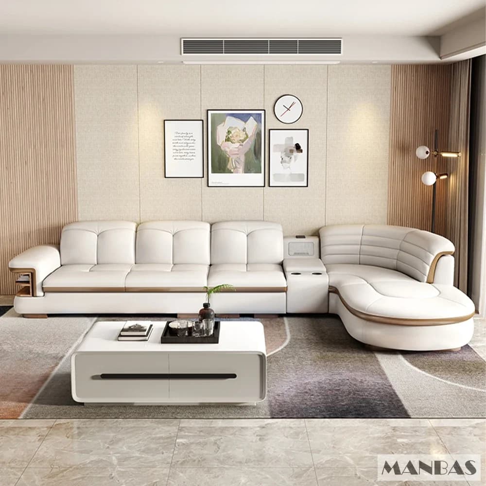 Canapé sectionnel en cuir véritable en forme de L, ensembles de luxe, USB, haut-parleur Bluetooth, s