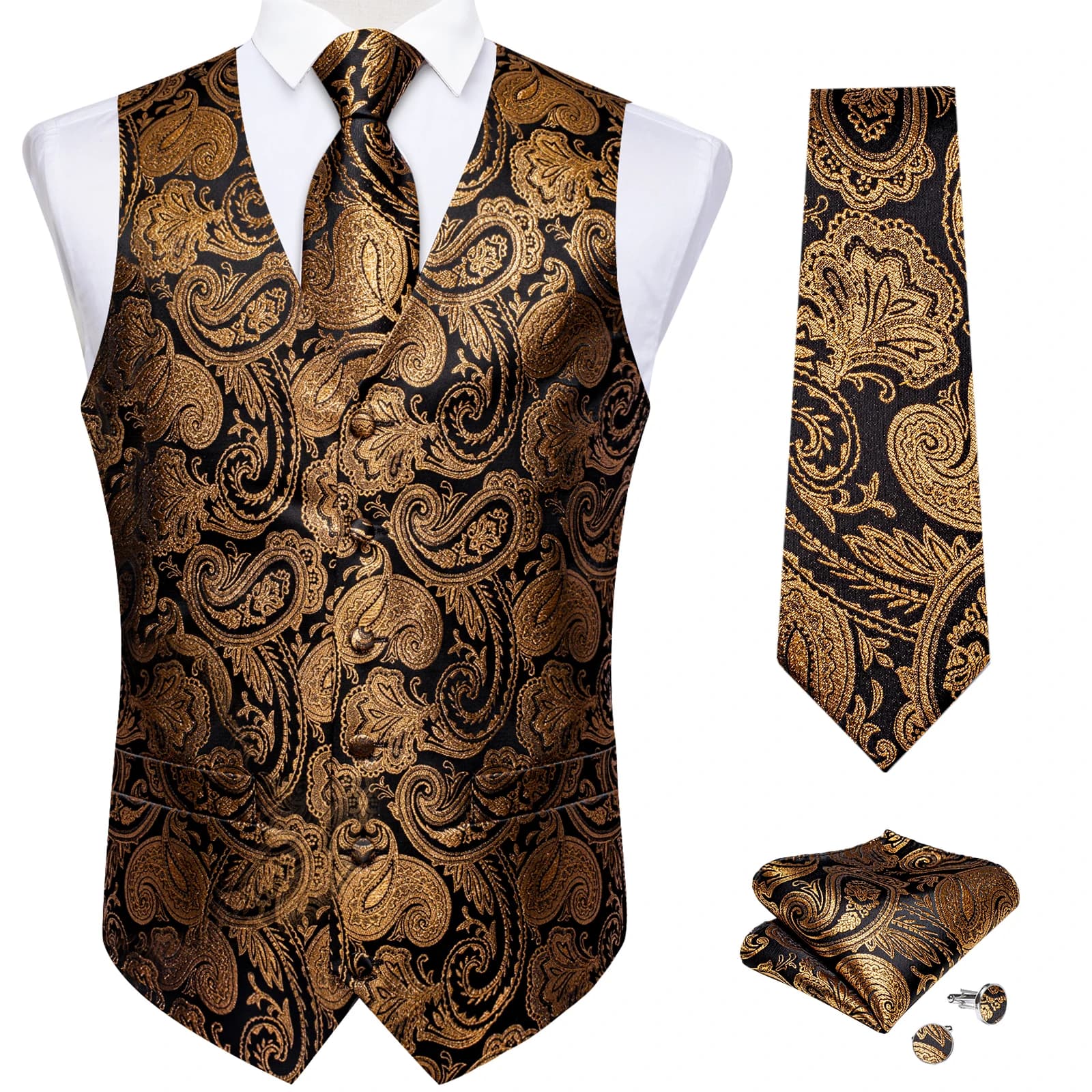 Ensemble gilet et cravate pour homme à motif cachemire – Gilet formel avec pochette de poche, idéal 
