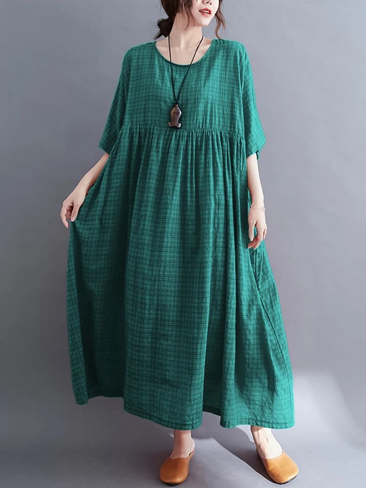 Robe longue décontractée noire en coton vintage à manches courtes et couleur unie pour femme – Colle