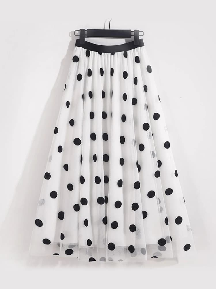 Jupes mi-longues élégantes brodées à pois pour femmes, jupe trapèze femme, taille haute, maille 3 co