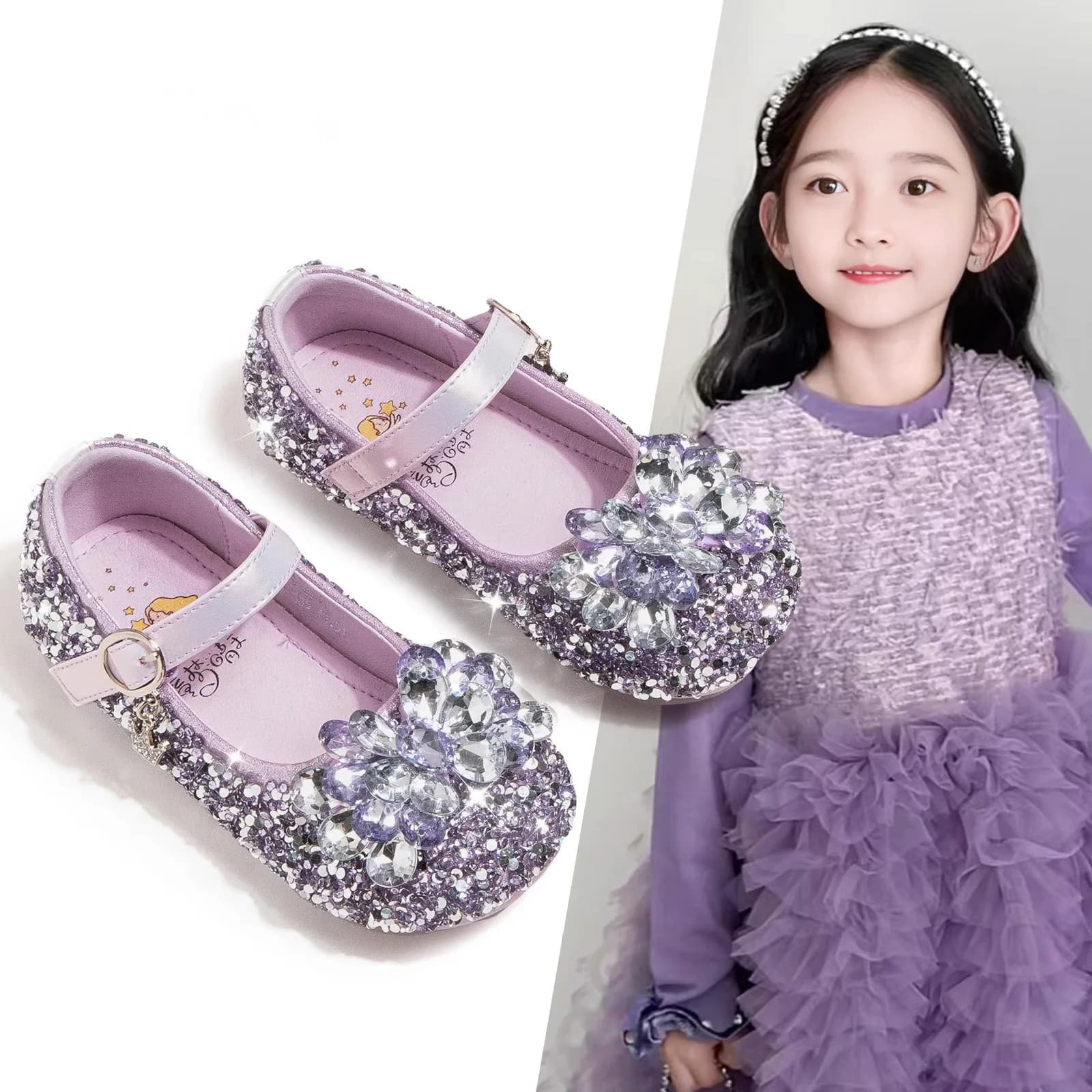 Chaussures à enfiler en cristal pour filles, chaussures plates de princesse à fond souple avec stras