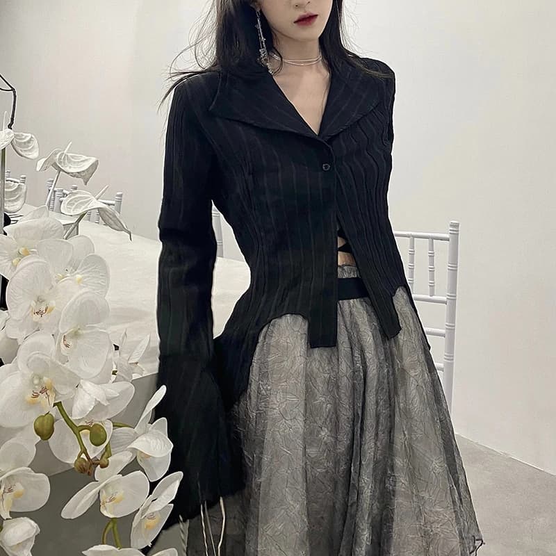 Chemises gothiques noires pour femmes, coréen, académique foncé, conçu, hauts irréguliers, mode prin