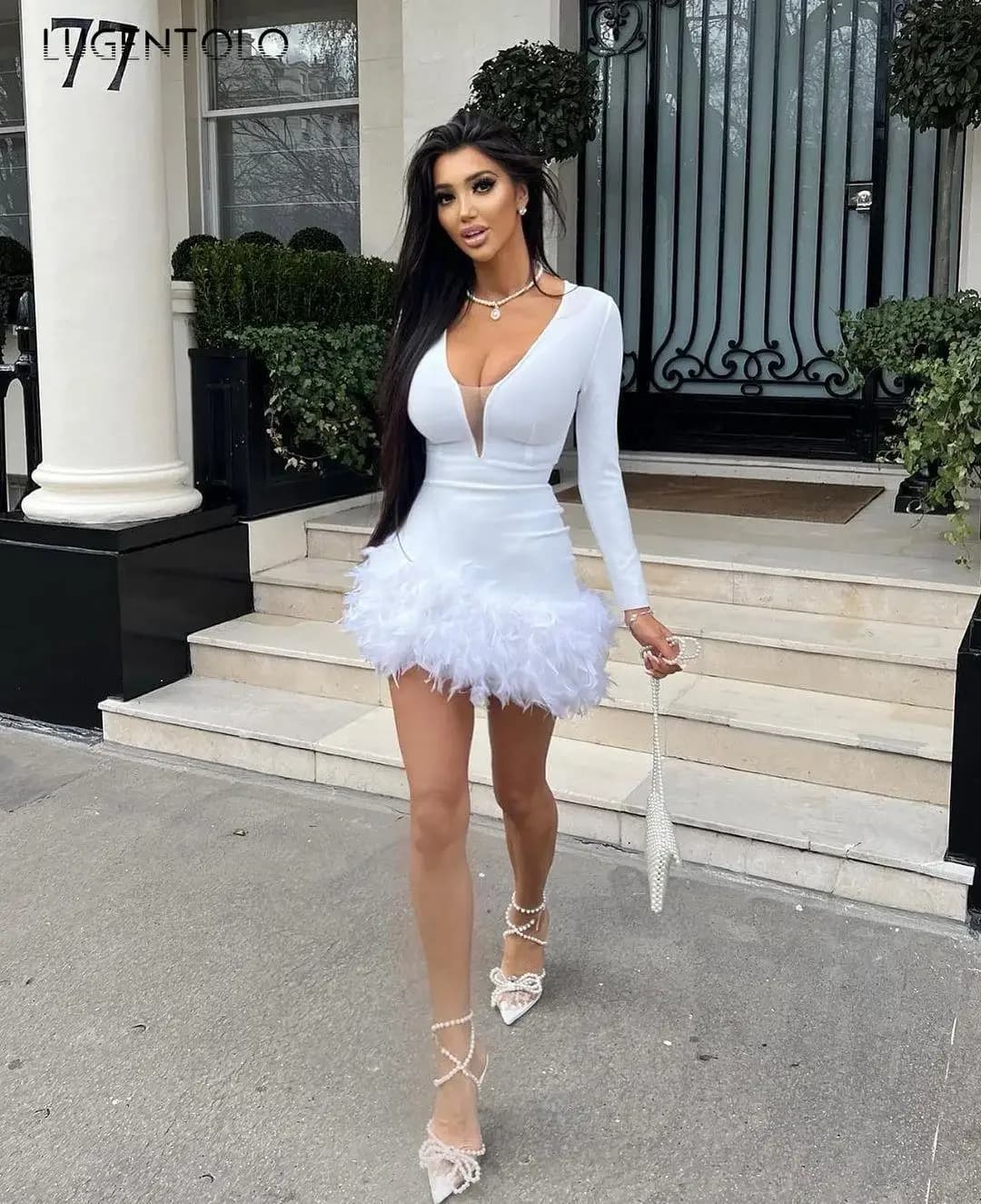 Robe Sexy à Plumes pour Femme, Tenue de Soirée, Col en V Profond, Slim, Manches sulf, Hotsweet, Enve