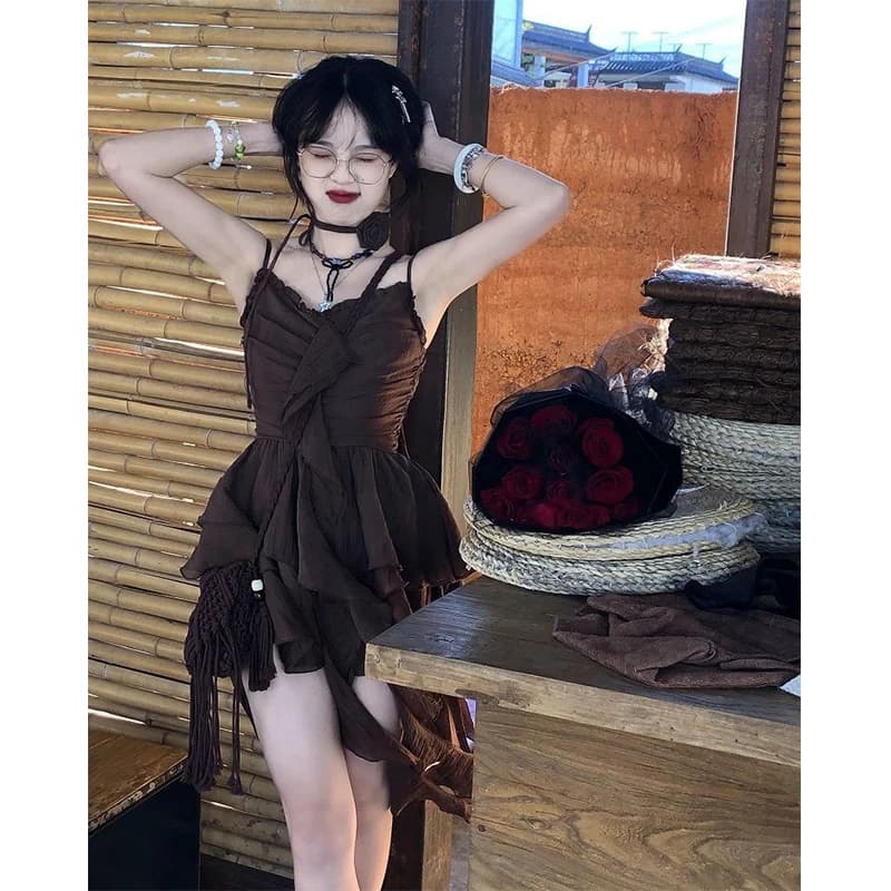Vintage Ruffles Mini Dress Women Y2K Party Sexy Spaghetti Strap Red Dresses Summer Korean Irregular 