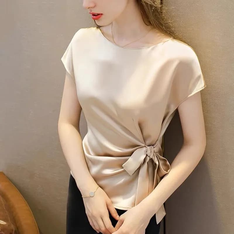 Chemise en mousseline de soie à col bateau pour femme, blouse en satin acétate, vintage, noir, blanc
