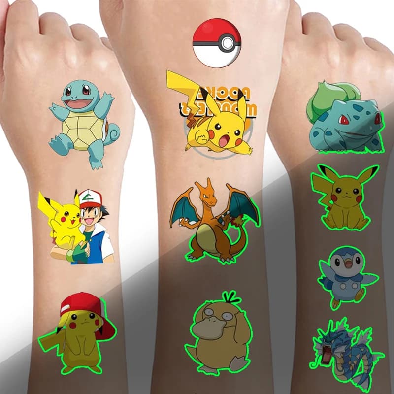 Tatouages lumineux Pokemon pour enfants, Styles Pikachu, autocollants temporaires pour garçons et fi