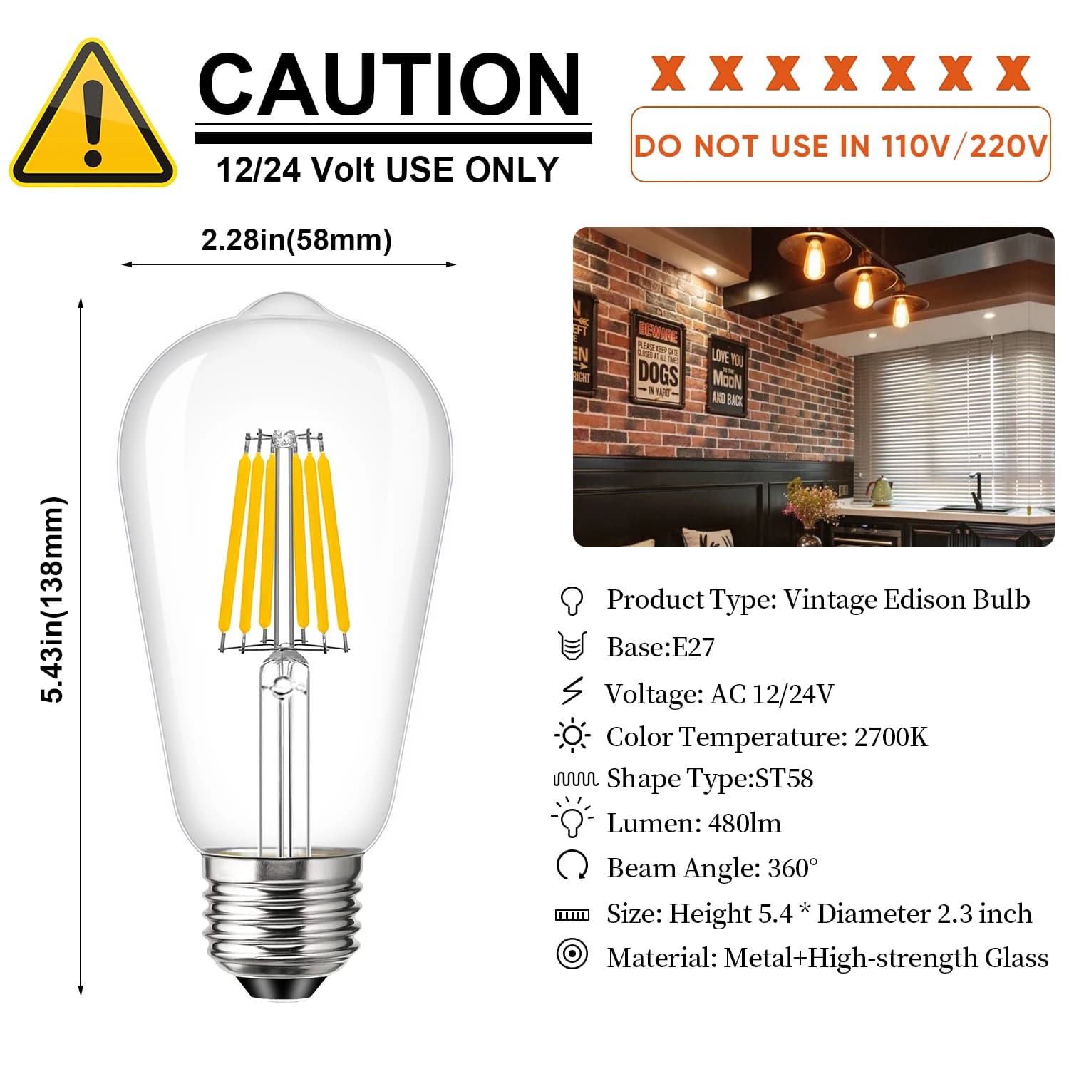 Ampoule à Filament LED Basse Tension, Blanc Chaud, Non Variable, Lampe Extérieure pour Ampoules Sola