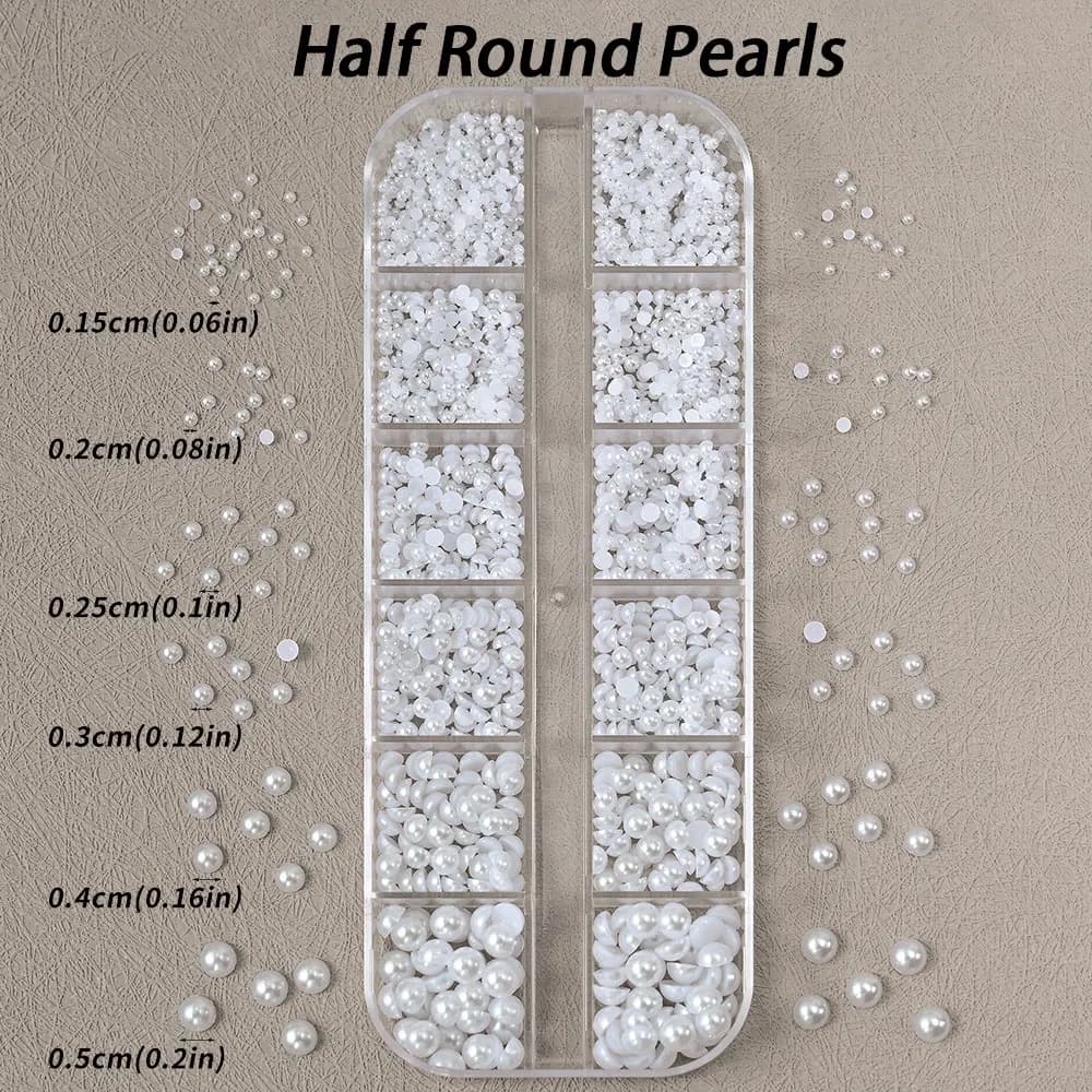 Perles demi-rondes à 12 grilles, breloques 3D pour ongles, 1.5/2/2.5/3/4/5mm, perles blanches à dos 