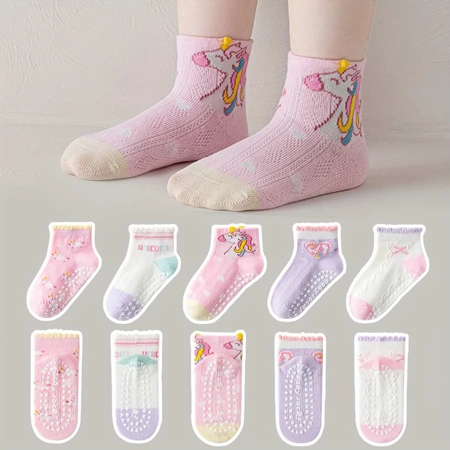 5 paires de chaussettes de sol pour enfants avec colle en dentelle, motif cœur licorne, garçons et f