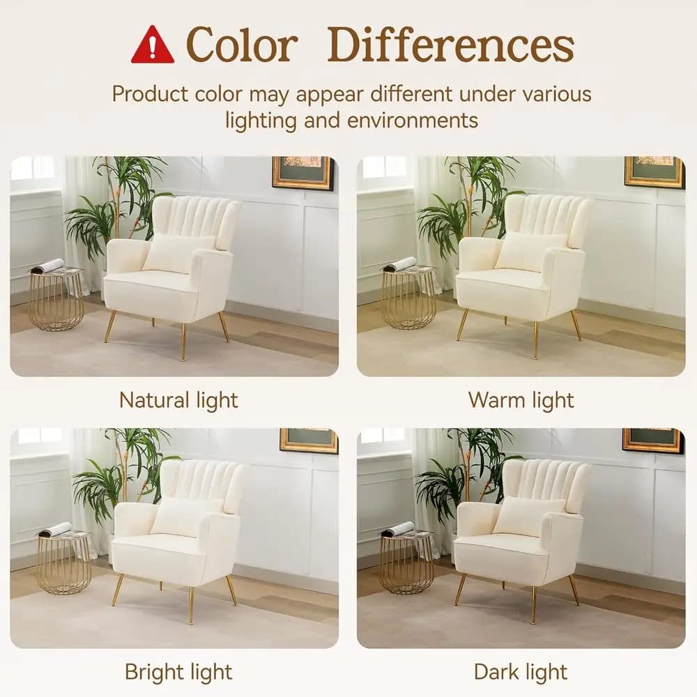 Fauteuil à oreilles blanc moderne du milieu du siècle, avec oreiller et pieds dorés, coussin de 8.5 