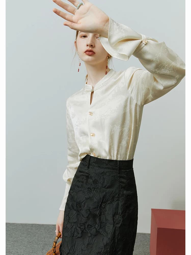 FSLE-Chemise boutonnée à l'acide acétique pour femme, style chinois, impression de peinture de paysa
