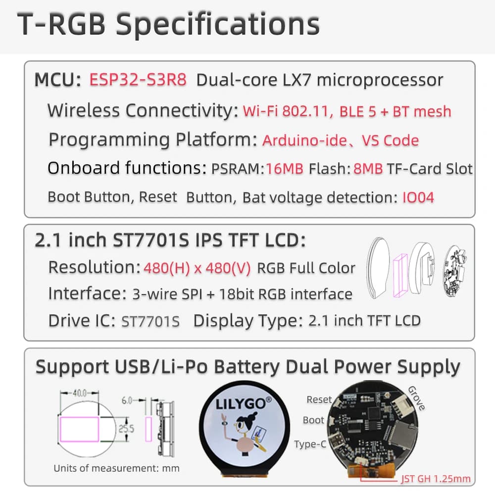 LILYGO® T-RGB ESP32-S3 Carte de développement ST7701S, écran tactile LCD rond T-RGB, ESP32-S3, 2.1, 