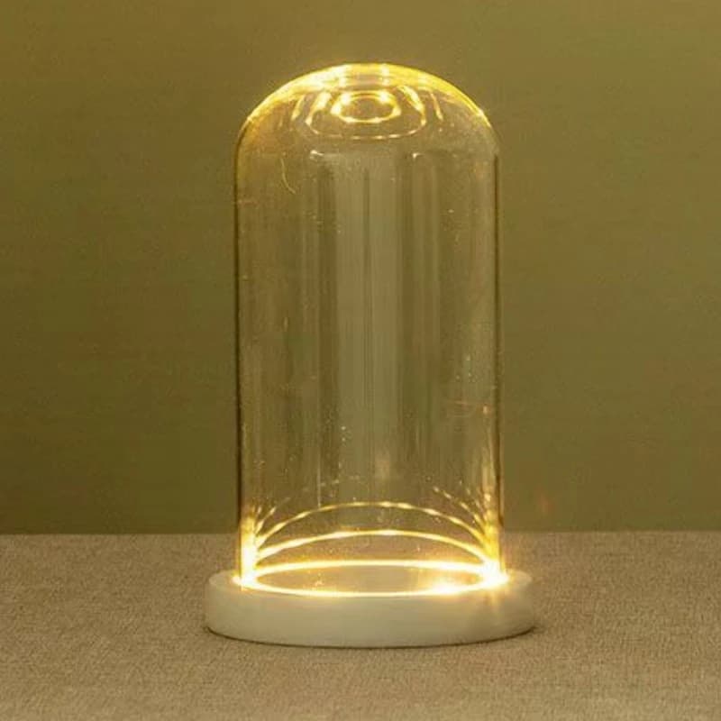 Dôme en verre avec lumière LED, Base en bois, décor de chambre à coucher, maison de poupée Miniature