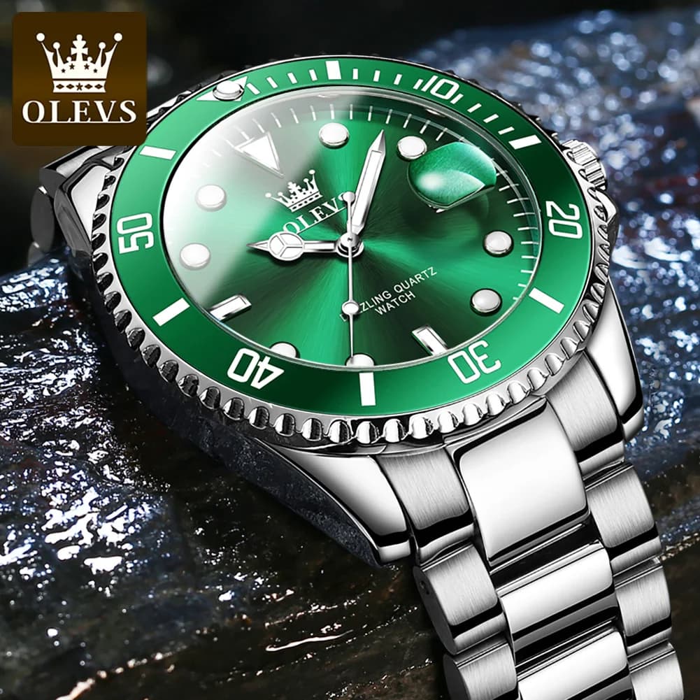OLEVS 5885 montres pour hommes affaires bracelet en acier inoxydable montre à Quartz vert calendrier