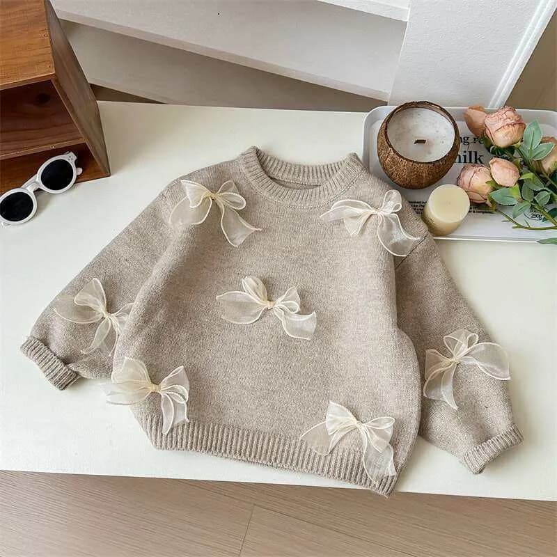 Chandails coréens de couleur unie pour filles, vêtements pour enfants avec nœud mignon, automne hive