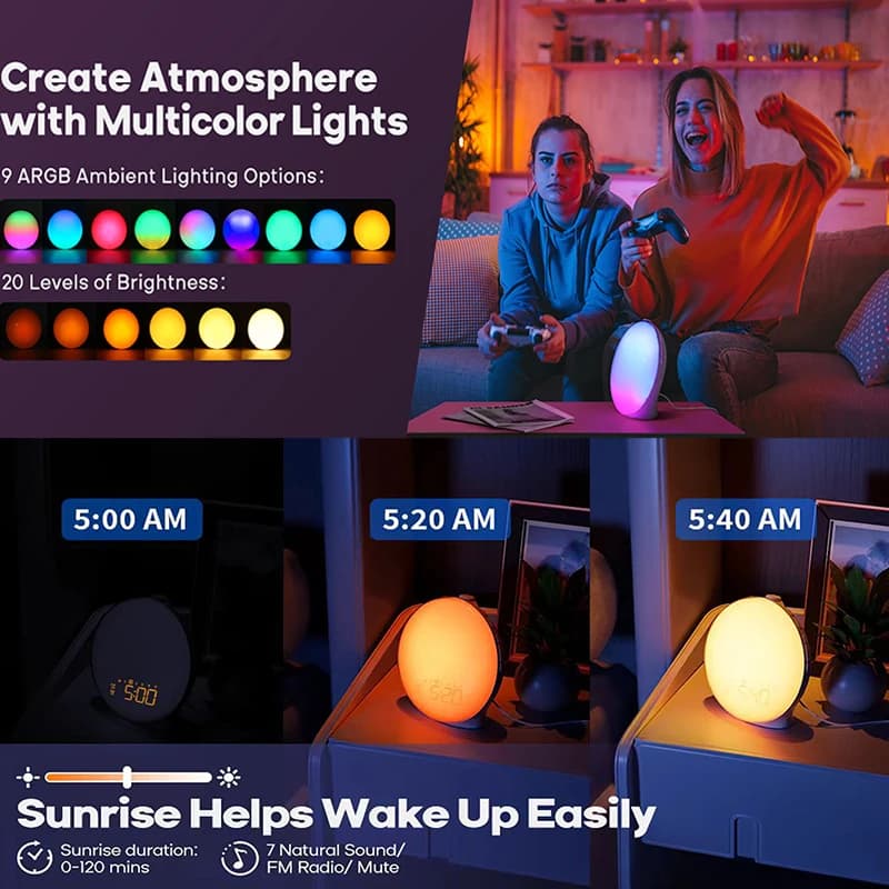 Réveil lumineux, Simulation de lever/coucher du soleil, horloge numérique avec veilleuse, Radio FM, 