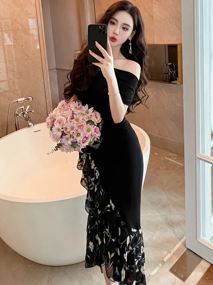 Robe de soirée élégante d'été pour femme, noire, chic, sexy, épaules dénudées, moulante, longue, pou