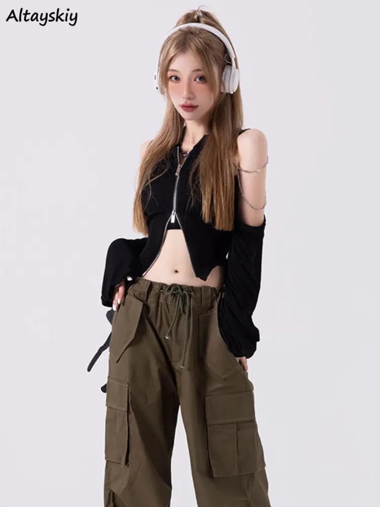 T-shirt à manches longues avec fermeture éclair pour femmes, vêtements à épaules dénudées pour jeune