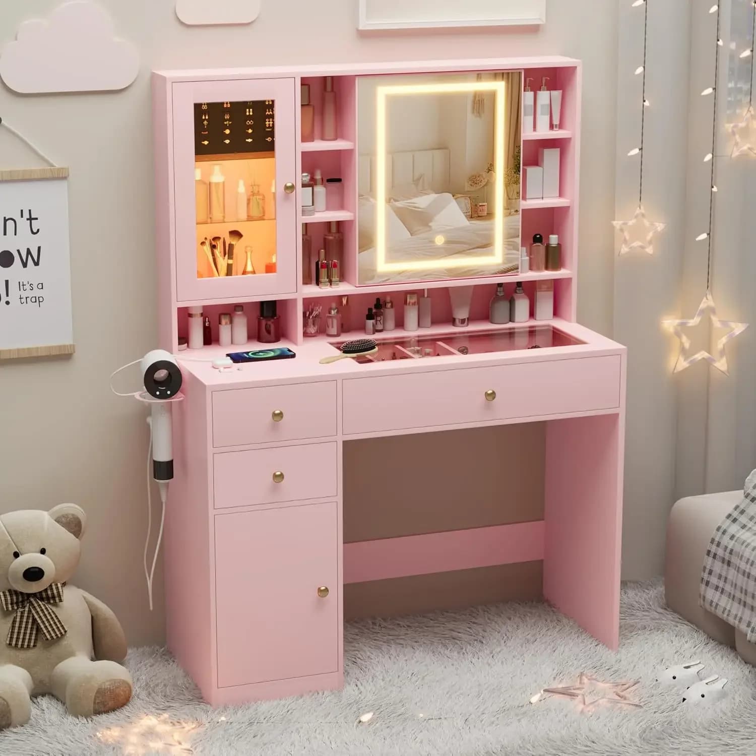Vanité blanche avec plateau en verre, lumières LED et prise de courant, 3 tiroirs