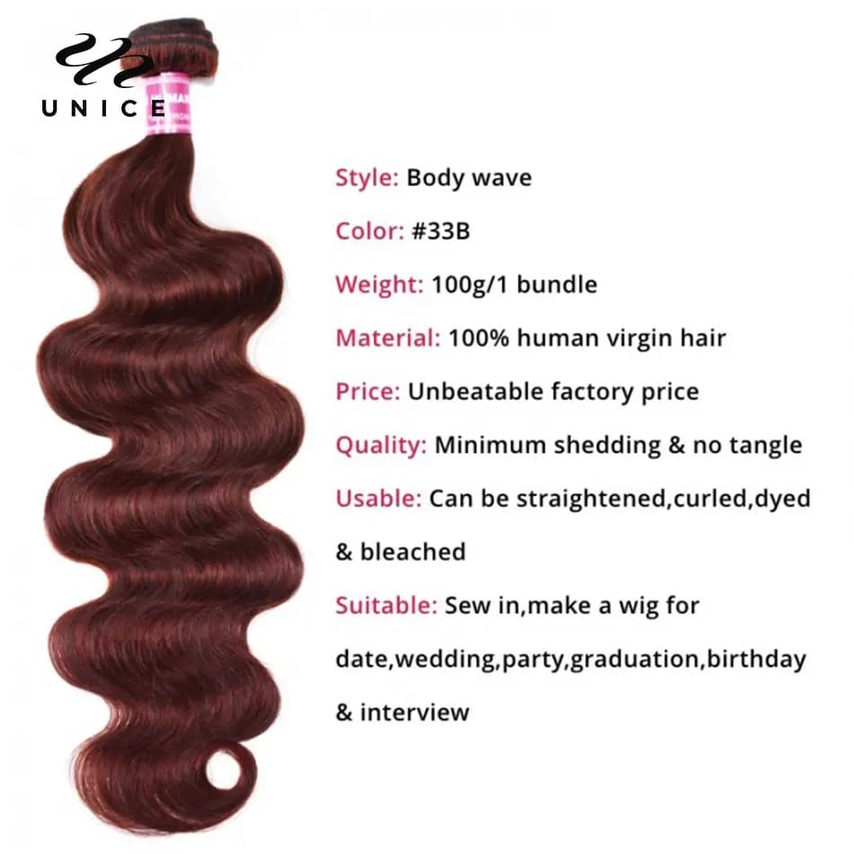 Mèches naturelles Body Wave-UNice Hair, cheveux humains, brun plonger âtre 33B, 3/4 cheveux humains,