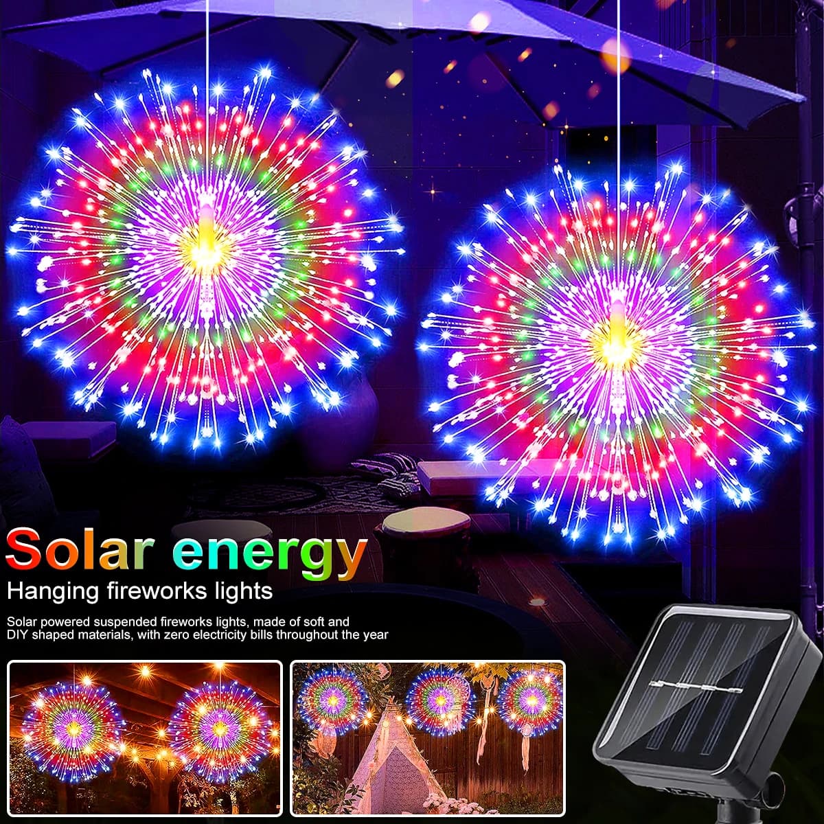 Feux d'artifice solaires d'extérieur, 90/150/200 LED, 8 Modes, guirlande lumineuse suspendue en fil 