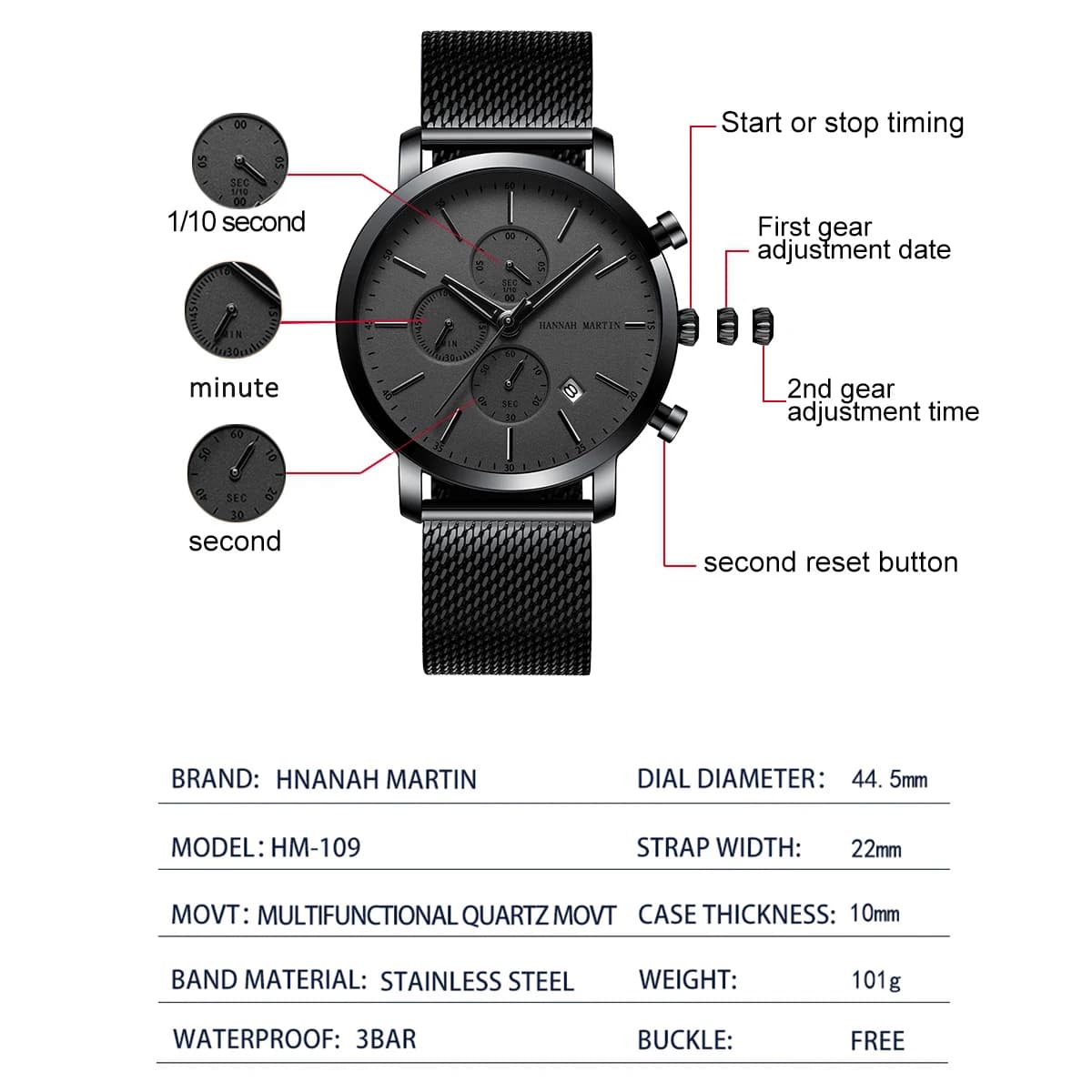 HANNAH MARTIN marque haut hommes montre noir en acier inoxydable mode étanche sport multifonctionnel