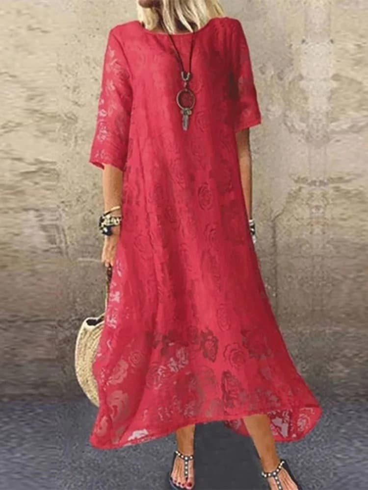 Robe longue en dentelle ajourée pour femme, couleur unie, manches mi-longues, tennis, broderie flora