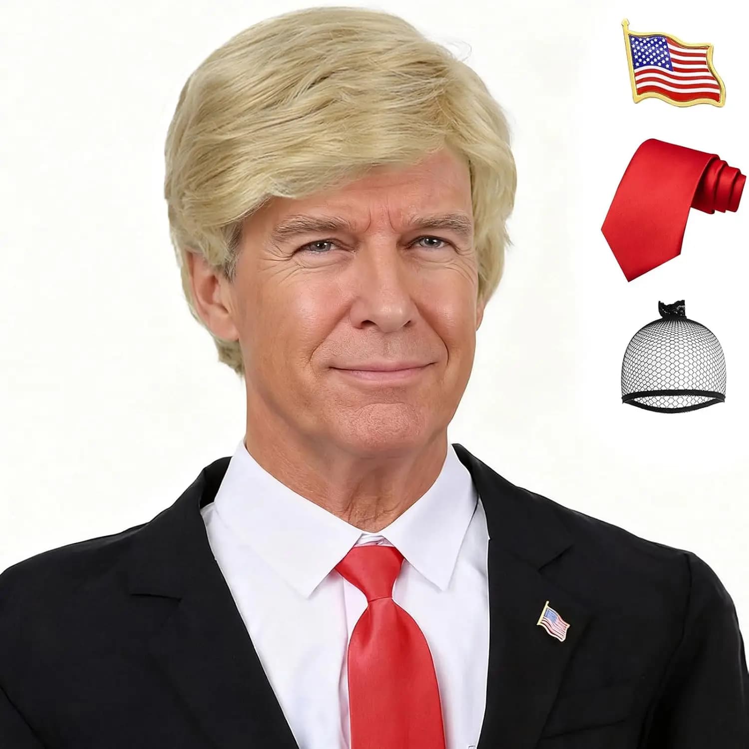 Costume Donald synthétique 3 pièces, cravate rouge, épingle de drapeau, compatible avec la perruque