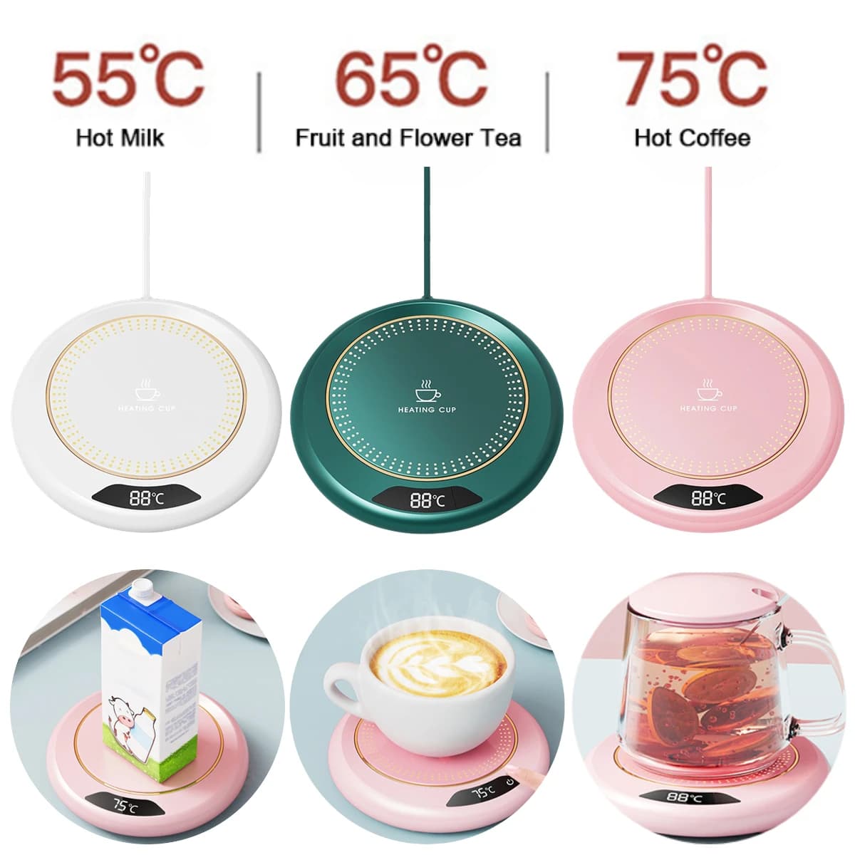 Chauffe-tasse thermostatique USB, tasse à café, sous-verre chauffant, 3 réglages de température, pla