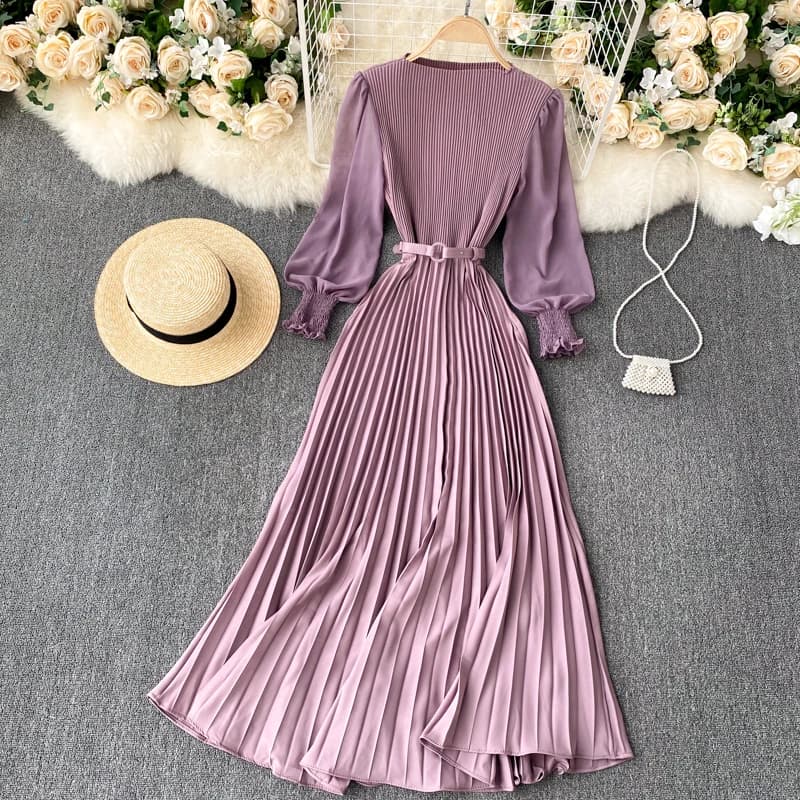 Robe longue élégante pour femmes, printemps et été, manches longues, ceinture plissée, jupe longue p