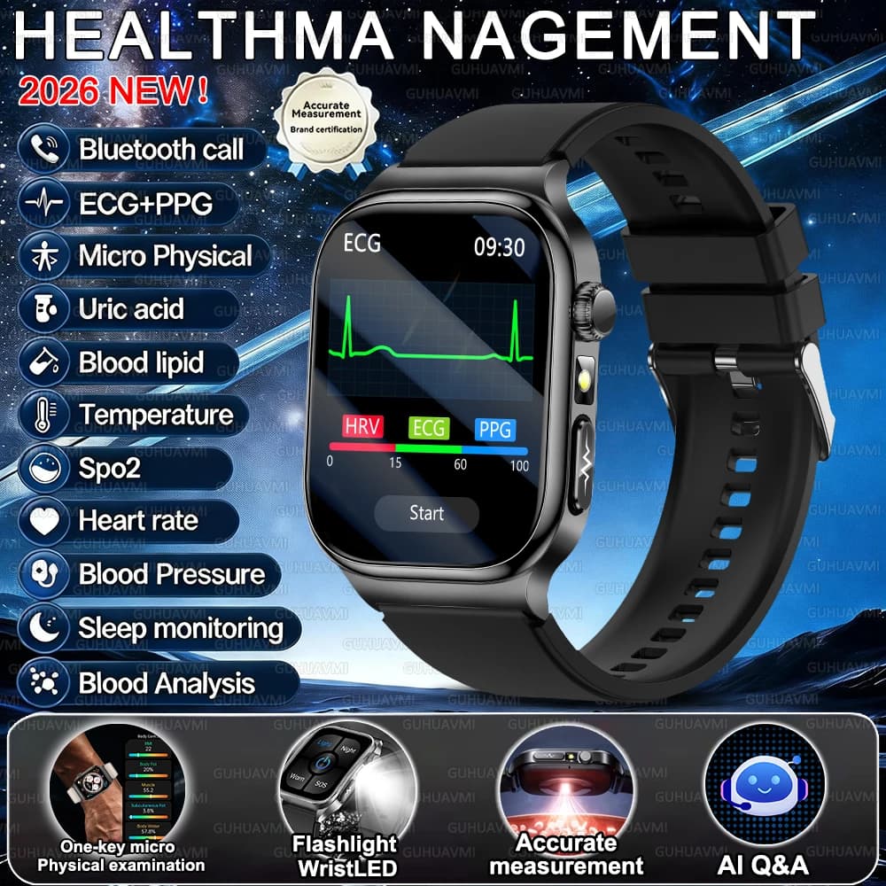 Nouvelle Montre Connectée de Soin de Santé 2026 avec ECG Précis, Acide Urique, Tension Artérielle, G