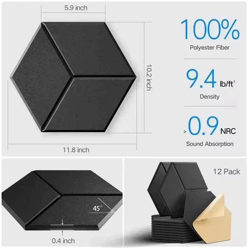 Panneau de mousse d'isolation phonique hexagonal auto-adhésif, 12 pièces, décoration pour maison, St