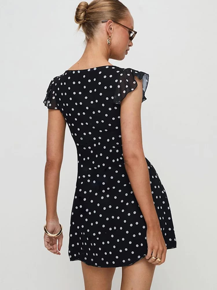 Mini robe trapèze à pois pour femmes, Style français, col en v, robe d'été avec manches volantes, te