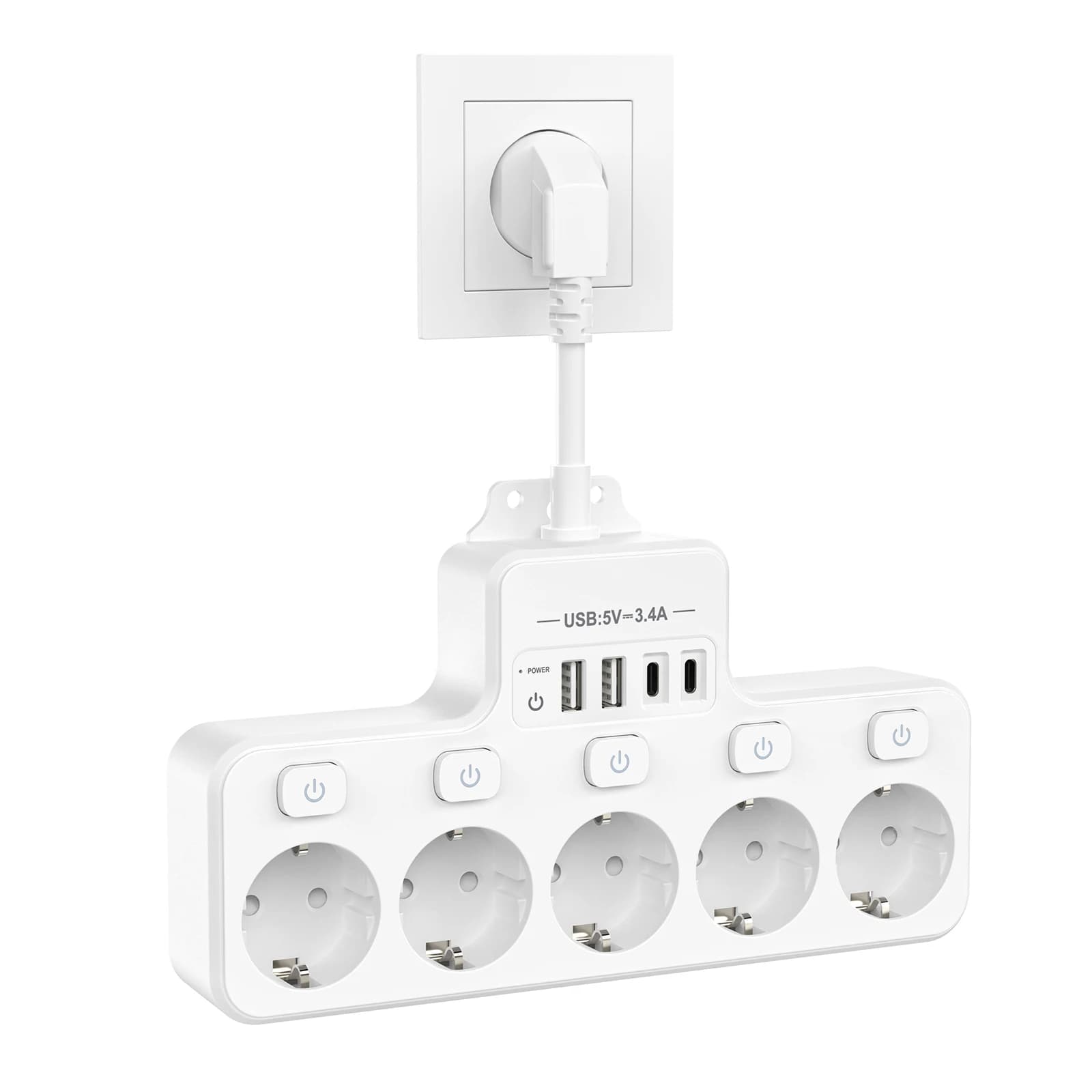 Multiprise EU avec interrupteur pour la maison, multiprise 5 voies, prise électrique multiple, 4 por
