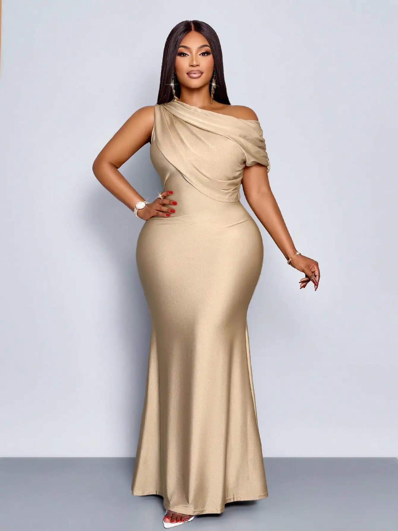 Robe de soirée élégante à épaules dénudées, taille plus, style sirène, en abricot brillant pour mari