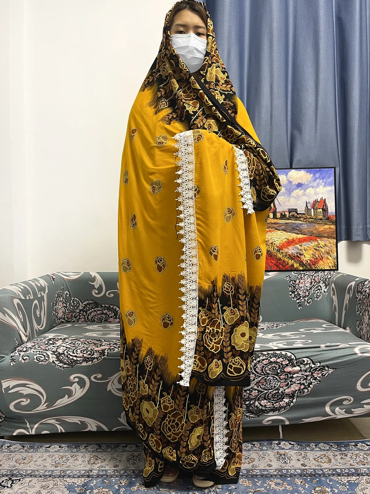 Robe africaine à col rond avec grande écharpe en dentelle pour femmes, robes musulmanes, Abayas Djel
